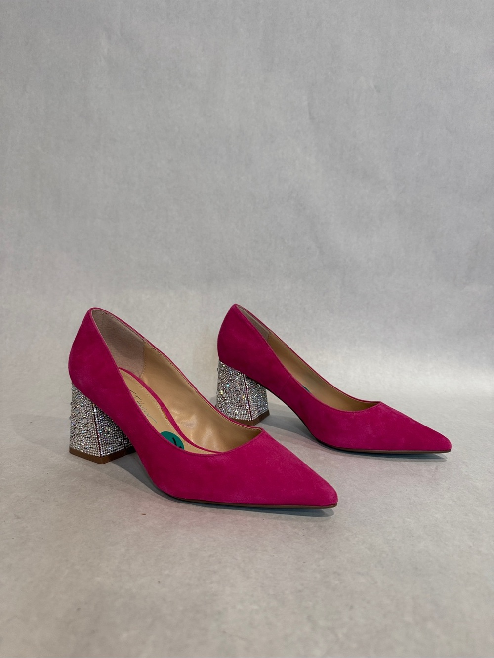 Fuchsia Pointed Toe Block Heel Pumps with Embellished Heel
